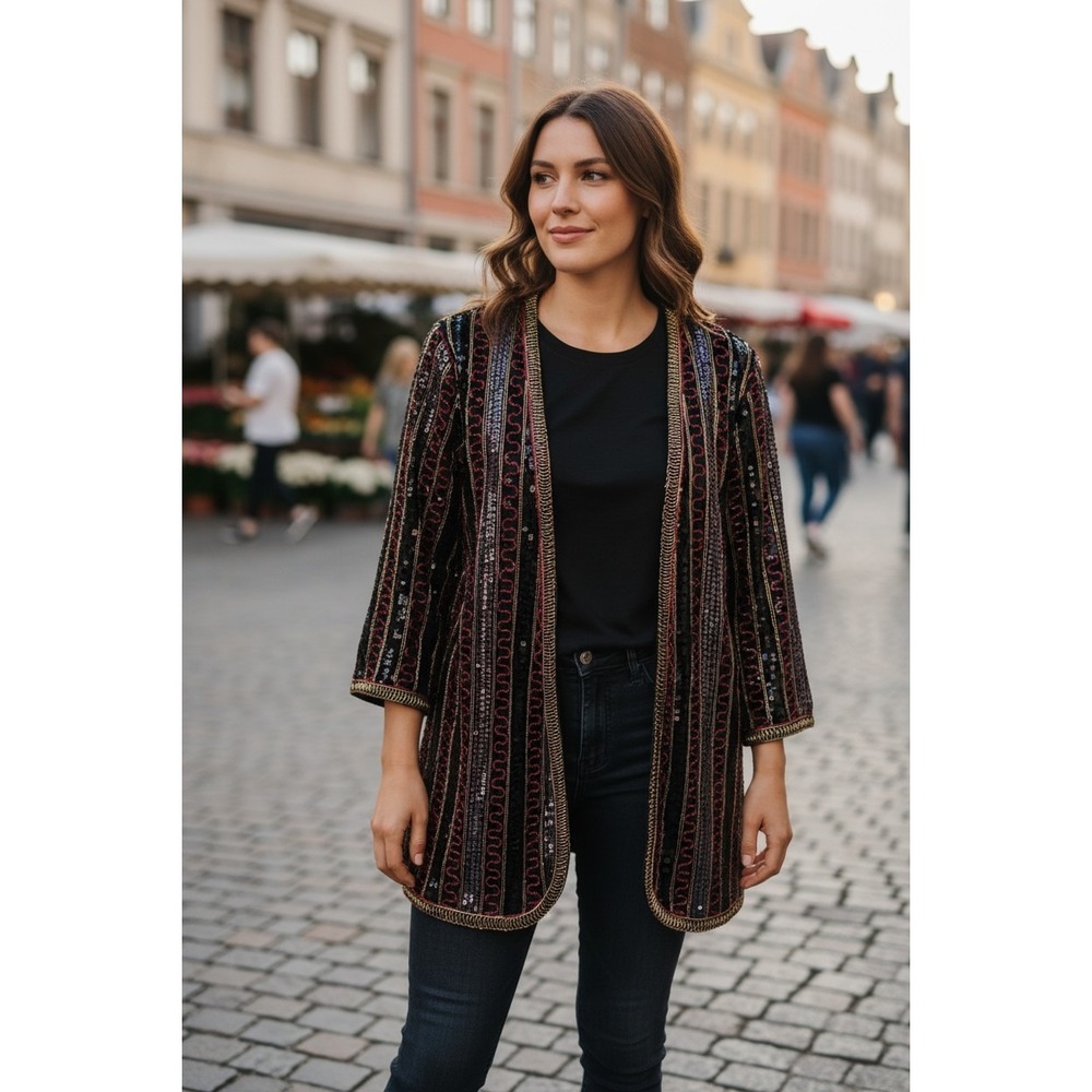 Greenfield Kimono Jacket Women Black Sequin Embroidered Open Front OS